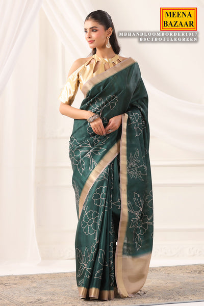 Bottle Green Cotton Weaving Saree Elegant Handloom Wear