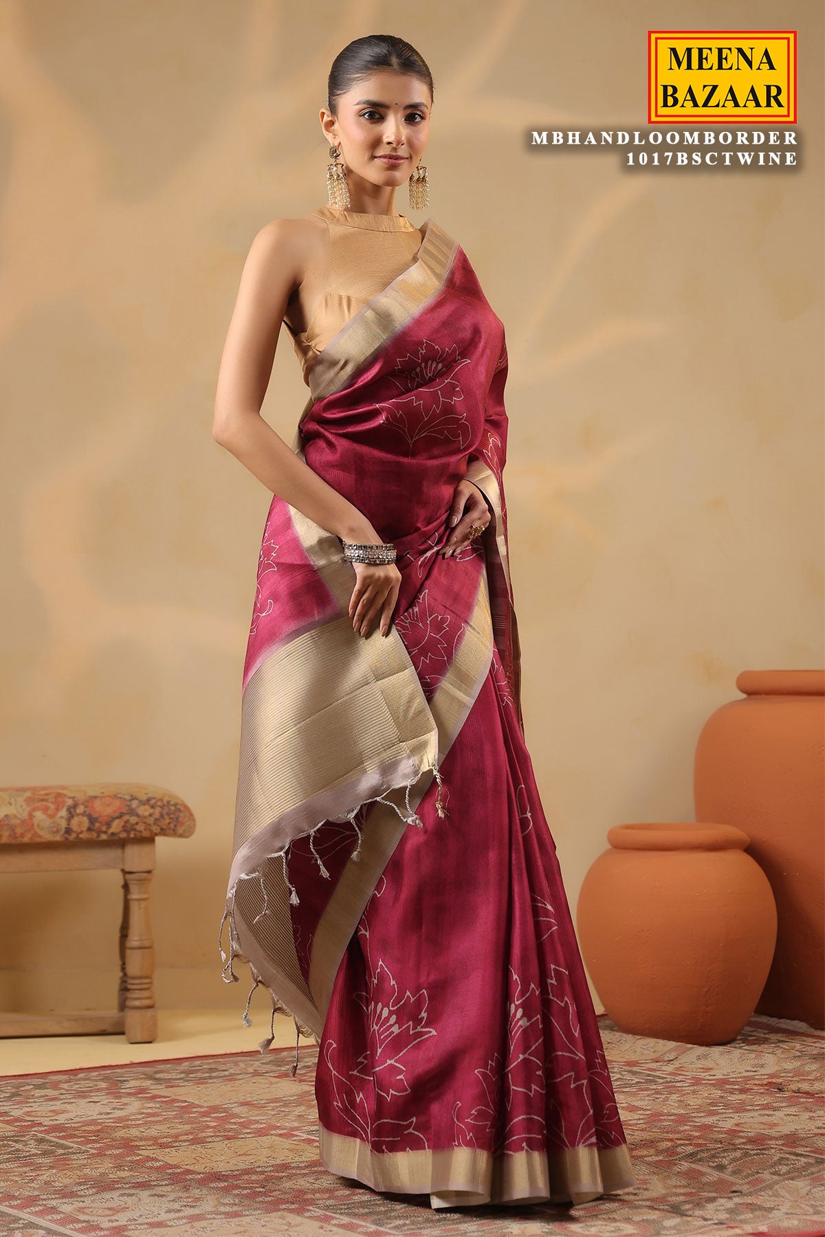 Wine Cotton Weaving Saree Elegant Handloom Style