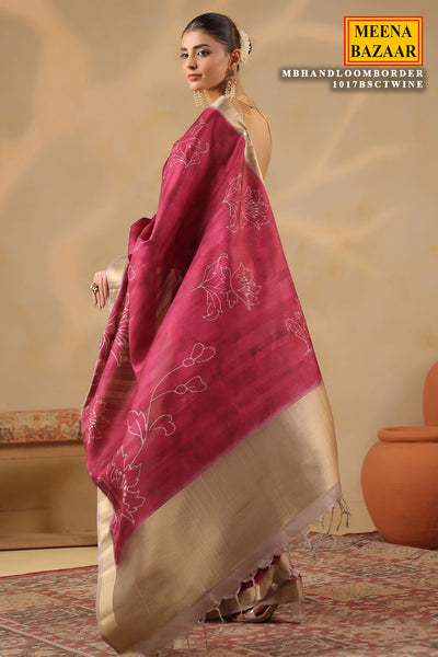 Wine Cotton Weaving Saree Elegant Handloom Style