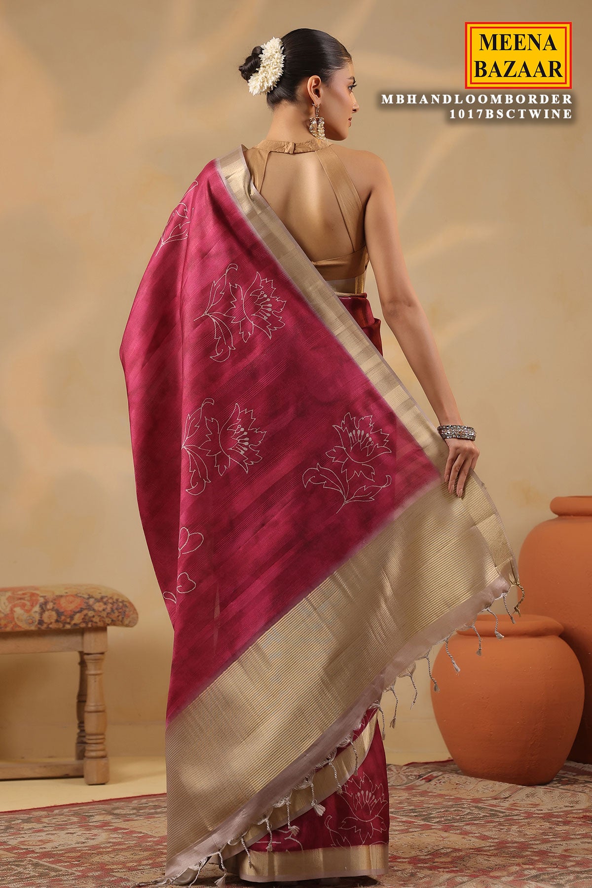 Wine Cotton Weaving Saree Elegant Handloom Style