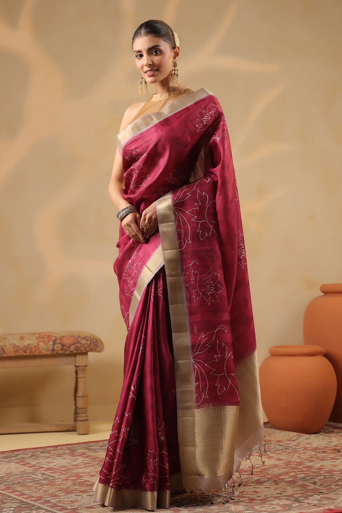 Wine Cotton Weaving Saree Elegant Handloom Style