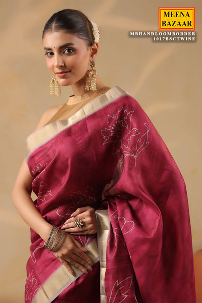Wine Cotton Weaving Saree Elegant Handloom Style