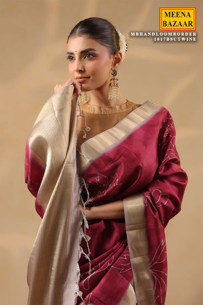 Wine Cotton Weaving Saree Elegant Handloom Style