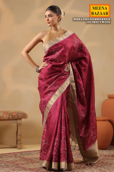 Wine Cotton Weaving Saree Elegant Handloom Style