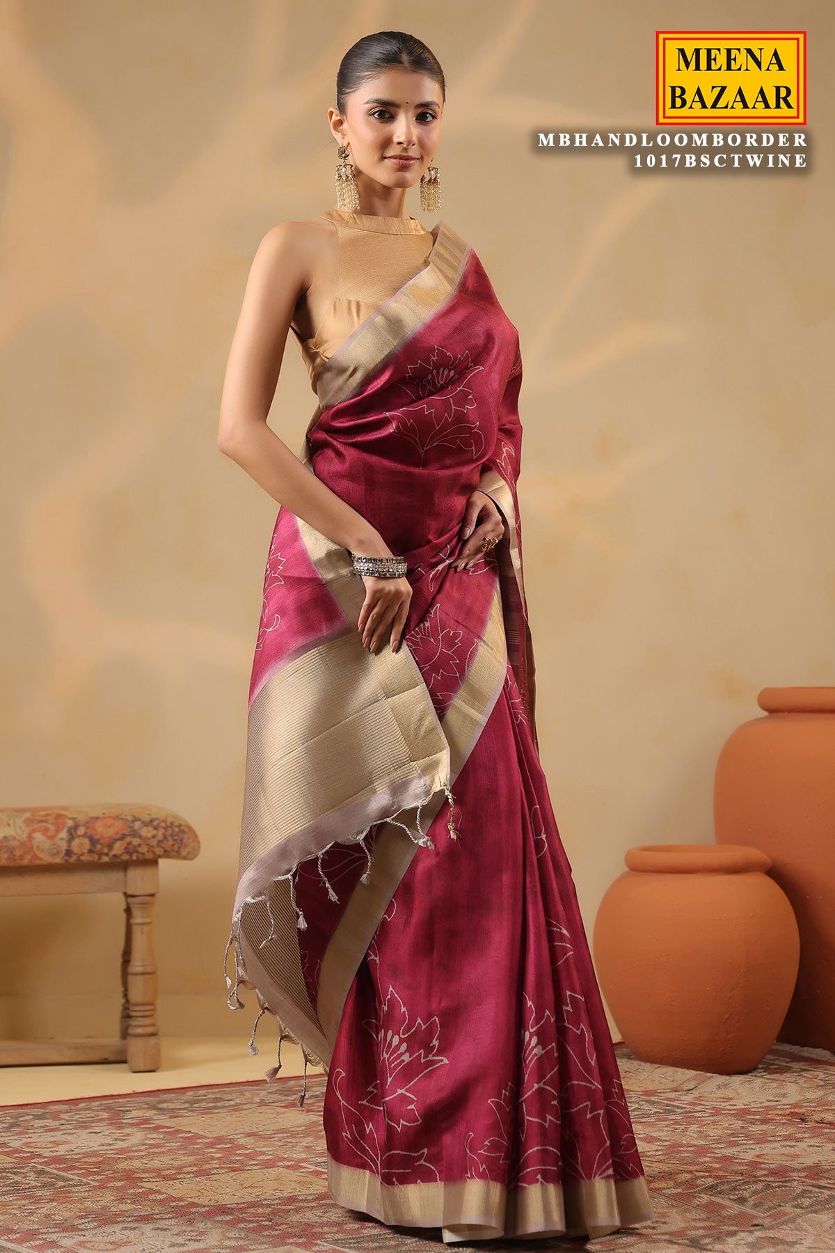 Wine Cotton Weaving Saree Elegant Handloom Style