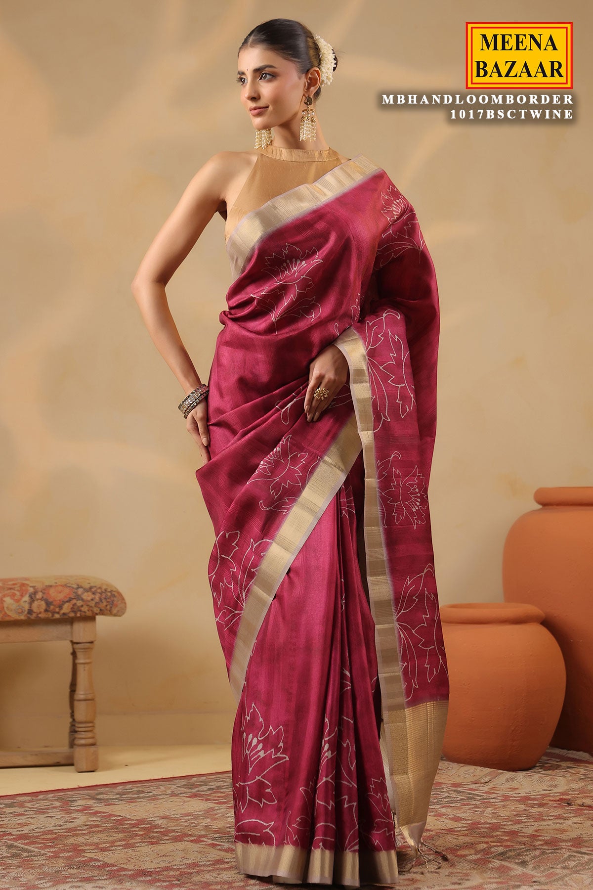 Wine Cotton Weaving Saree Elegant Handloom Style