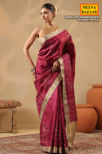 Wine Cotton Weaving Saree Elegant Handloom Style