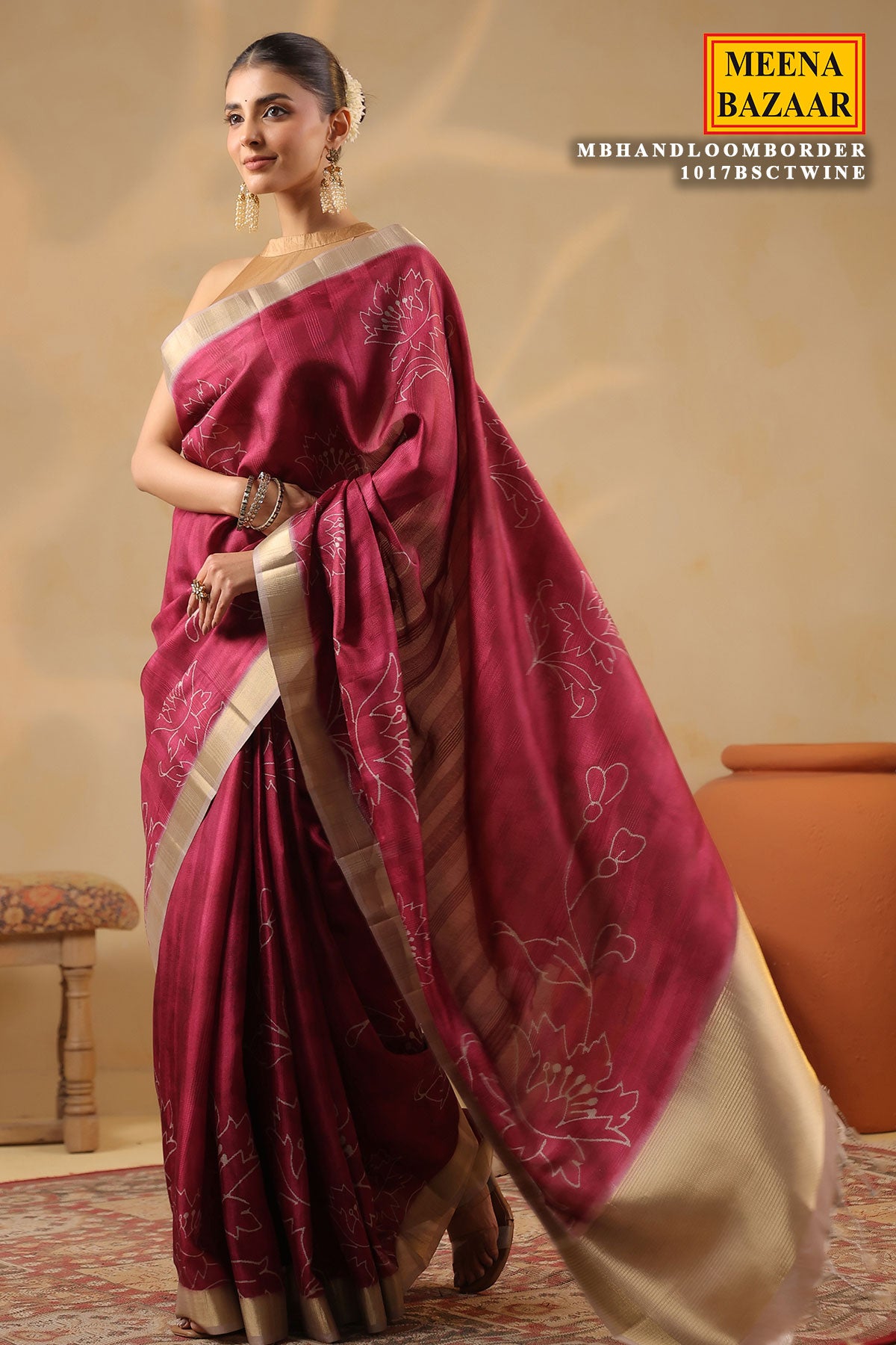 Wine Cotton Weaving Saree Elegant Handloom Style