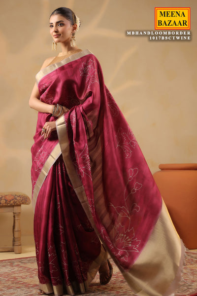 Wine Cotton Weaving Saree Elegant Handloom Style