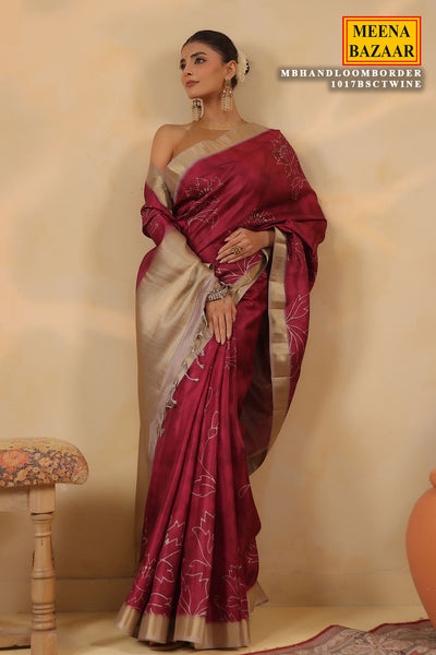 Wine Cotton Weaving Saree Elegant Handloom Style