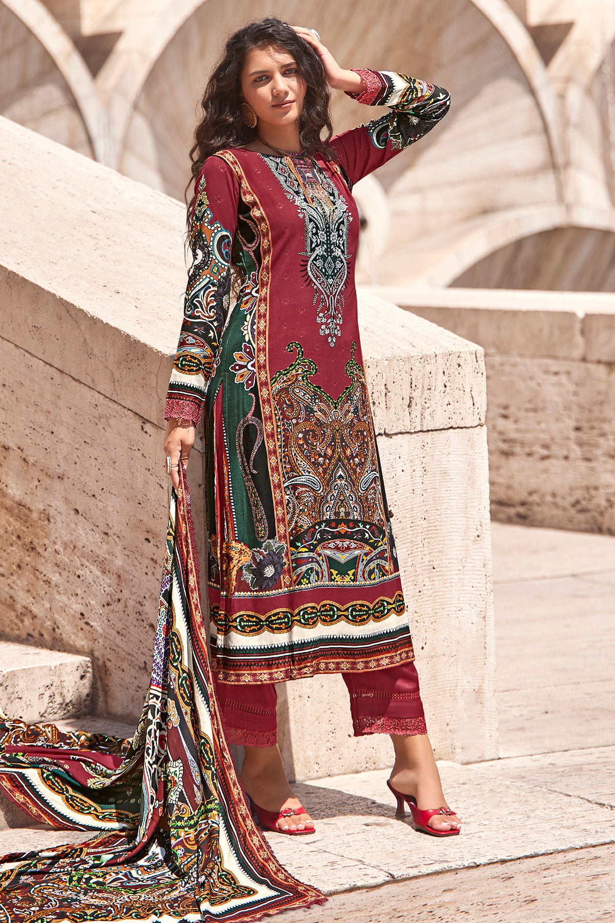 Maroon Pashmina Floral Motifs Suit Set