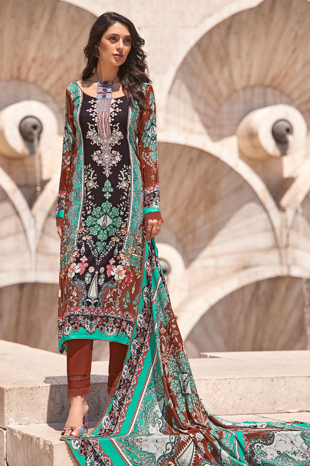 Brown Pashmina Floral Motifs Suit Set