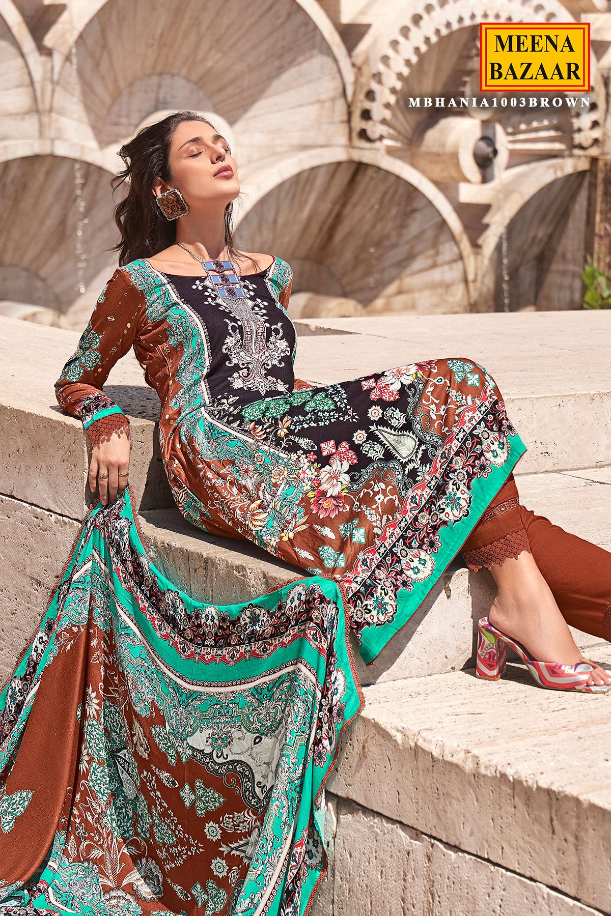 Brown Pashmina Floral Motifs Suit Set