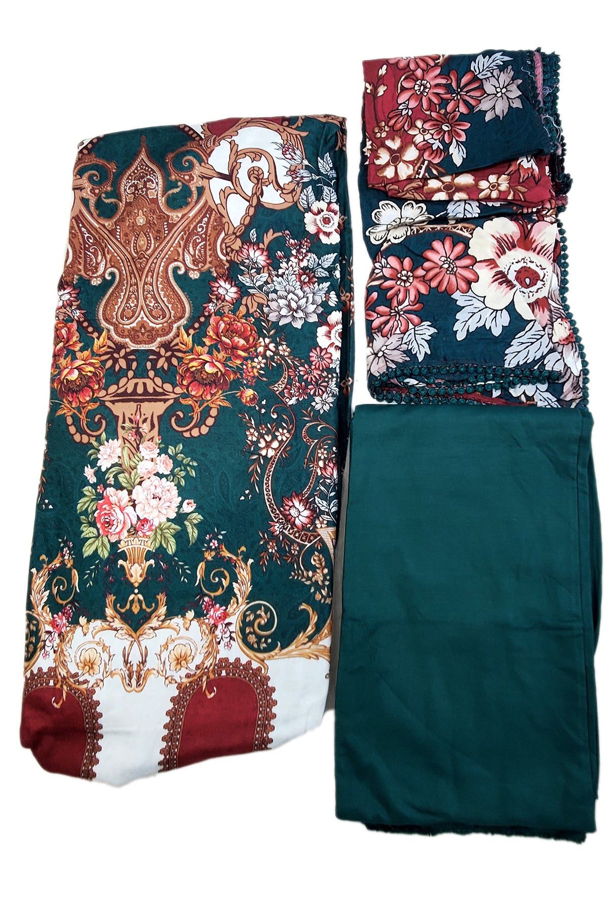 Bottle Green Pashmina Floral Motifs Suit Set