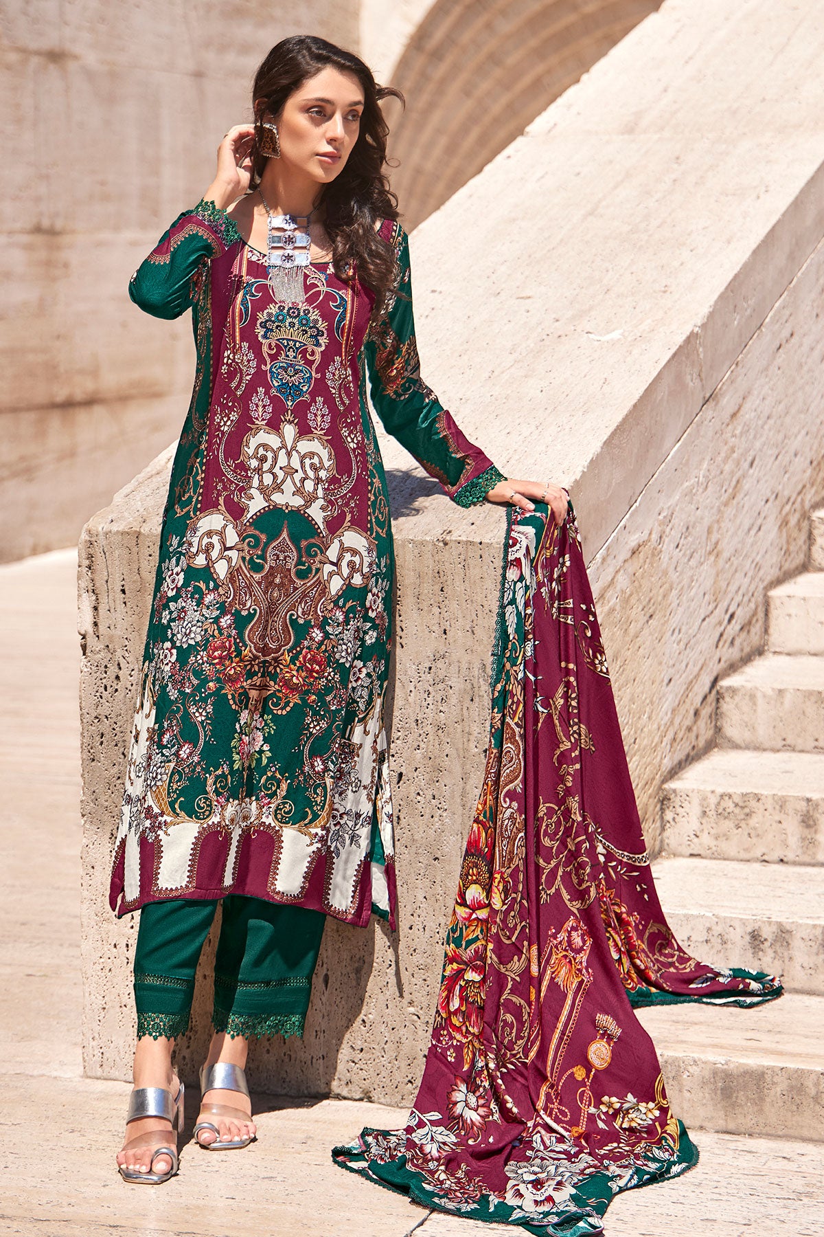 Bottle Green Pashmina Floral Motifs Suit Set