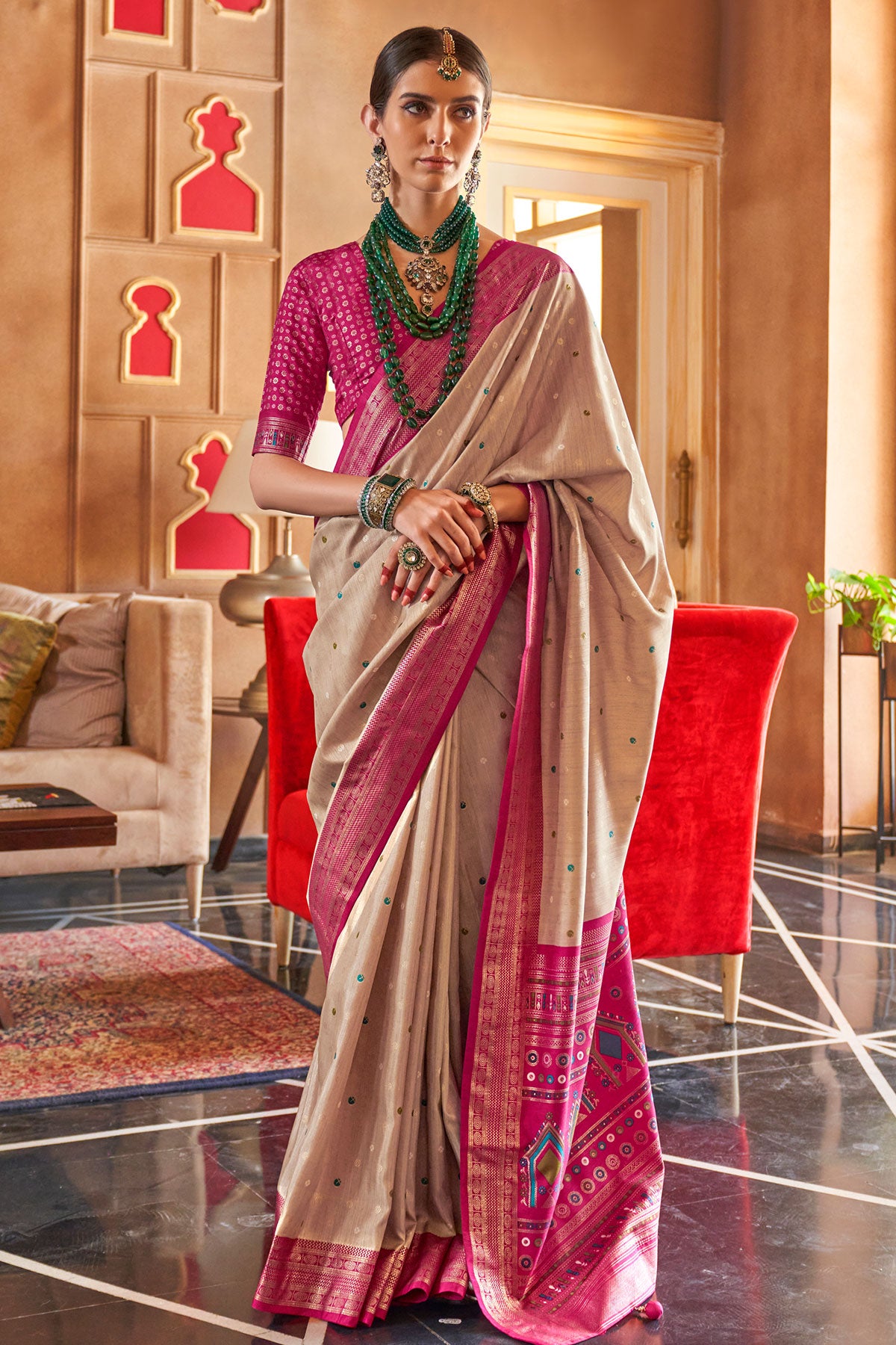 Tussar Silk Zari Woven Printed Patola Saree