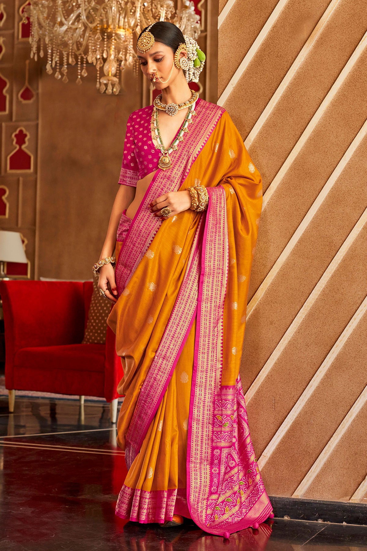 Mustard Silk Zari Woevn Printed Patola Saree