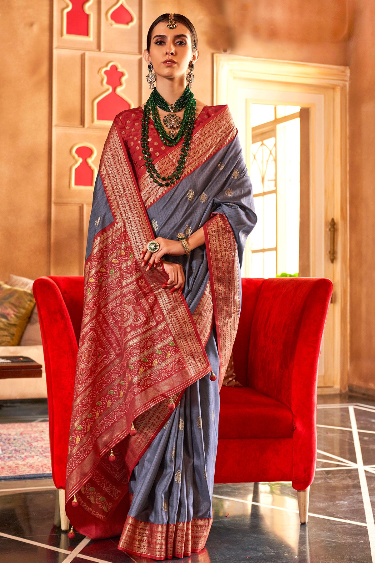 Grey Silk Zari Woevn Printed Patola Saree