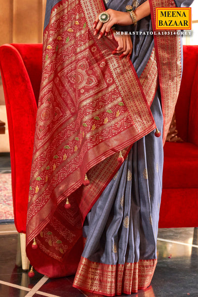 Grey Silk Zari Woevn Printed Patola Saree