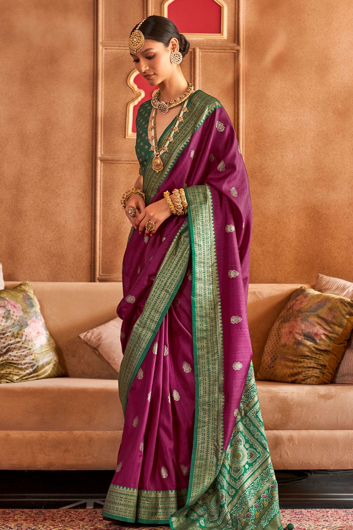 Wine Silk Zari Woevn Printed Patola Saree