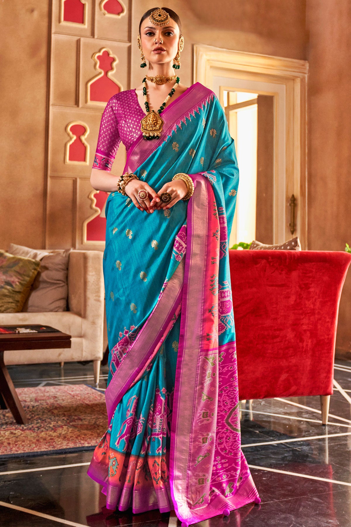 Firozi Silk Zari Woevn Printed Patola Saree