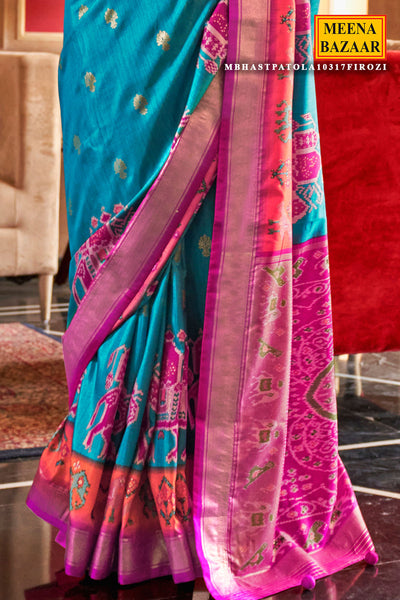 Firozi Silk Zari Woevn Printed Patola Saree