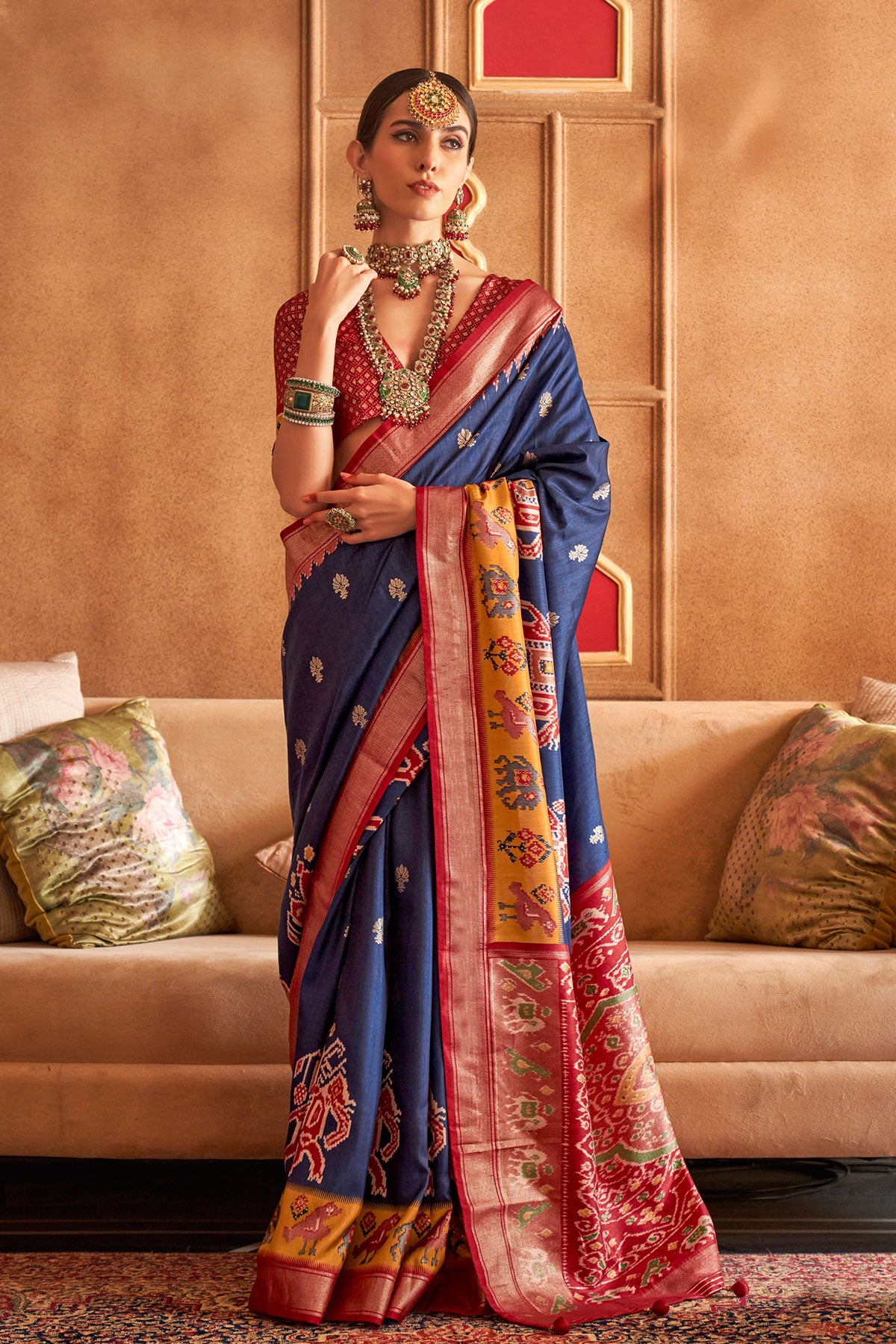 Navy Silk Zari Woevn Printed Patola Saree