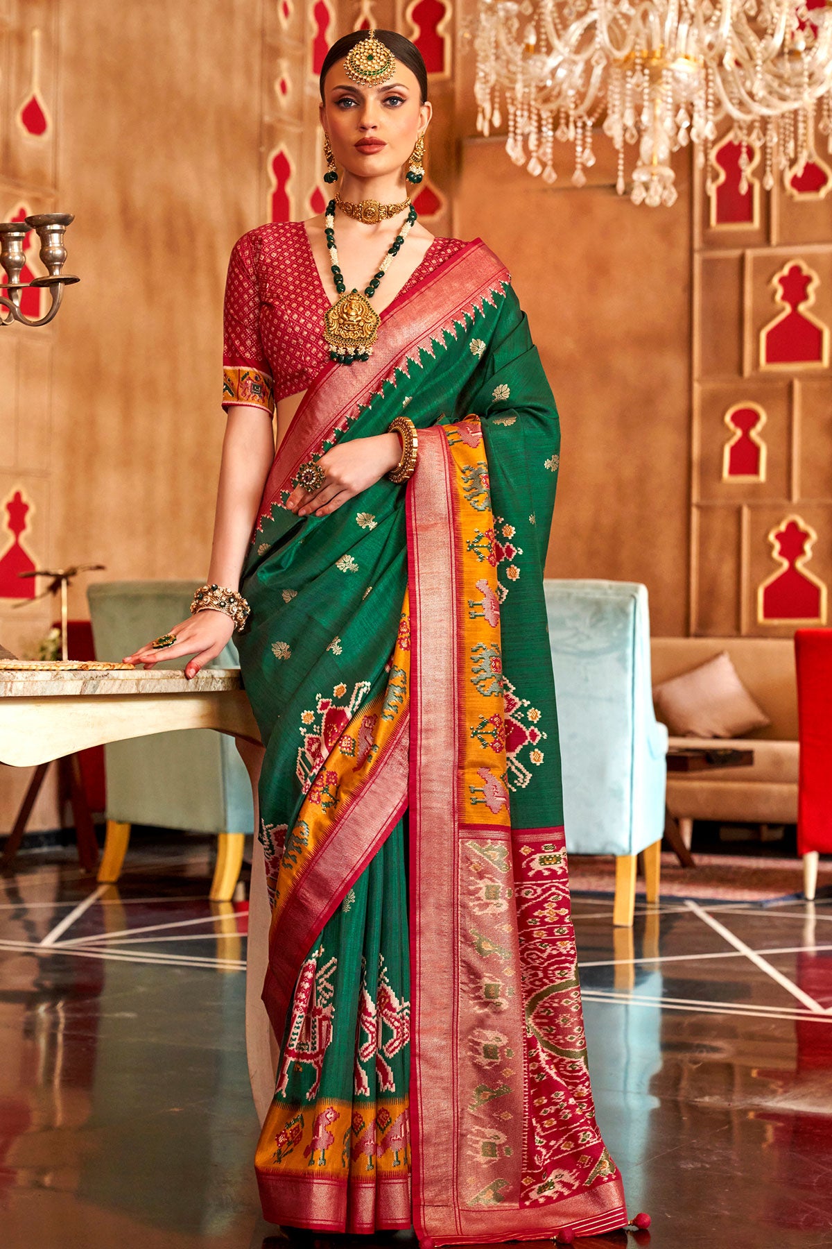 Bottle Green Silk Zari Woevn Printed Patola Saree