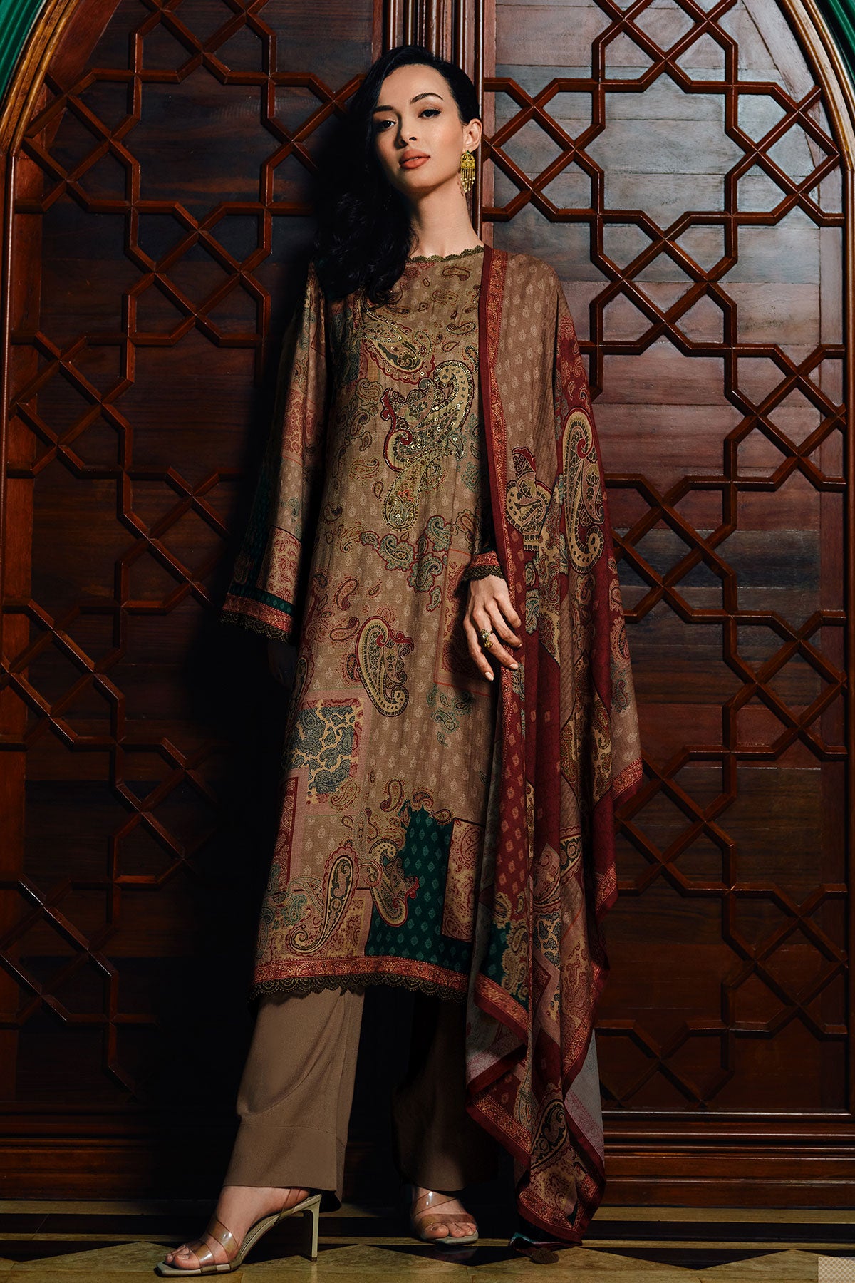 Brown Viscose Pashmina Printed Suit Set