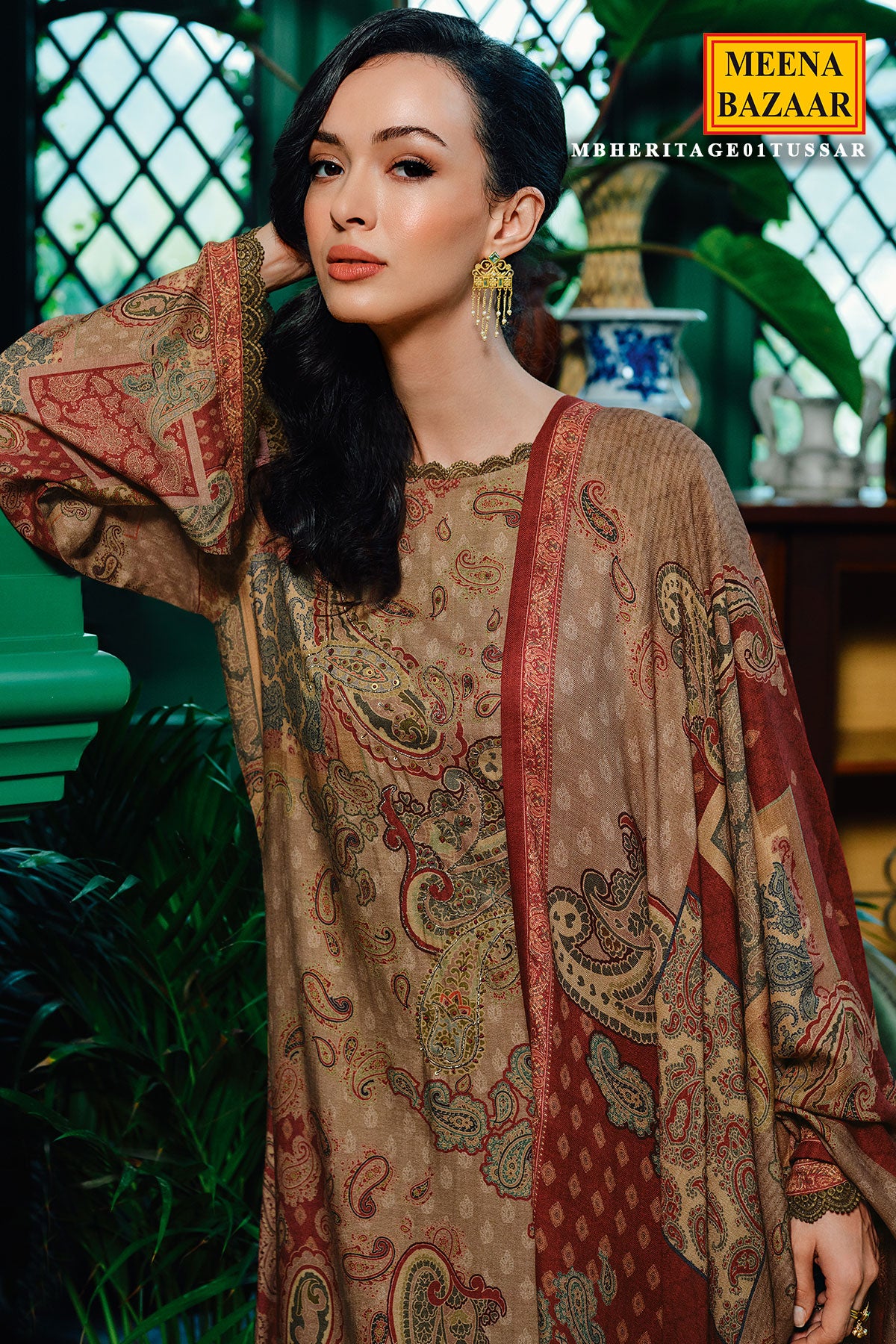 Brown Viscose Pashmina Printed Suit Set