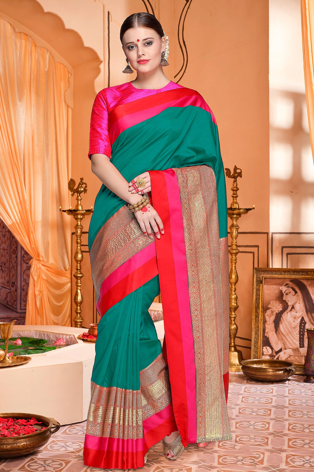 Rama Silk Colour-Block Saree