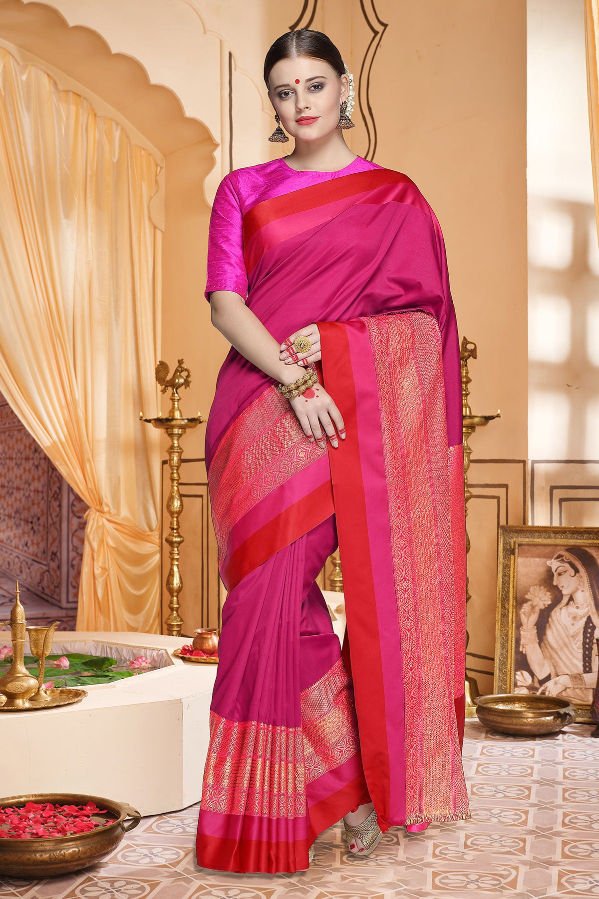 Rani Silk Colour-Block Saree