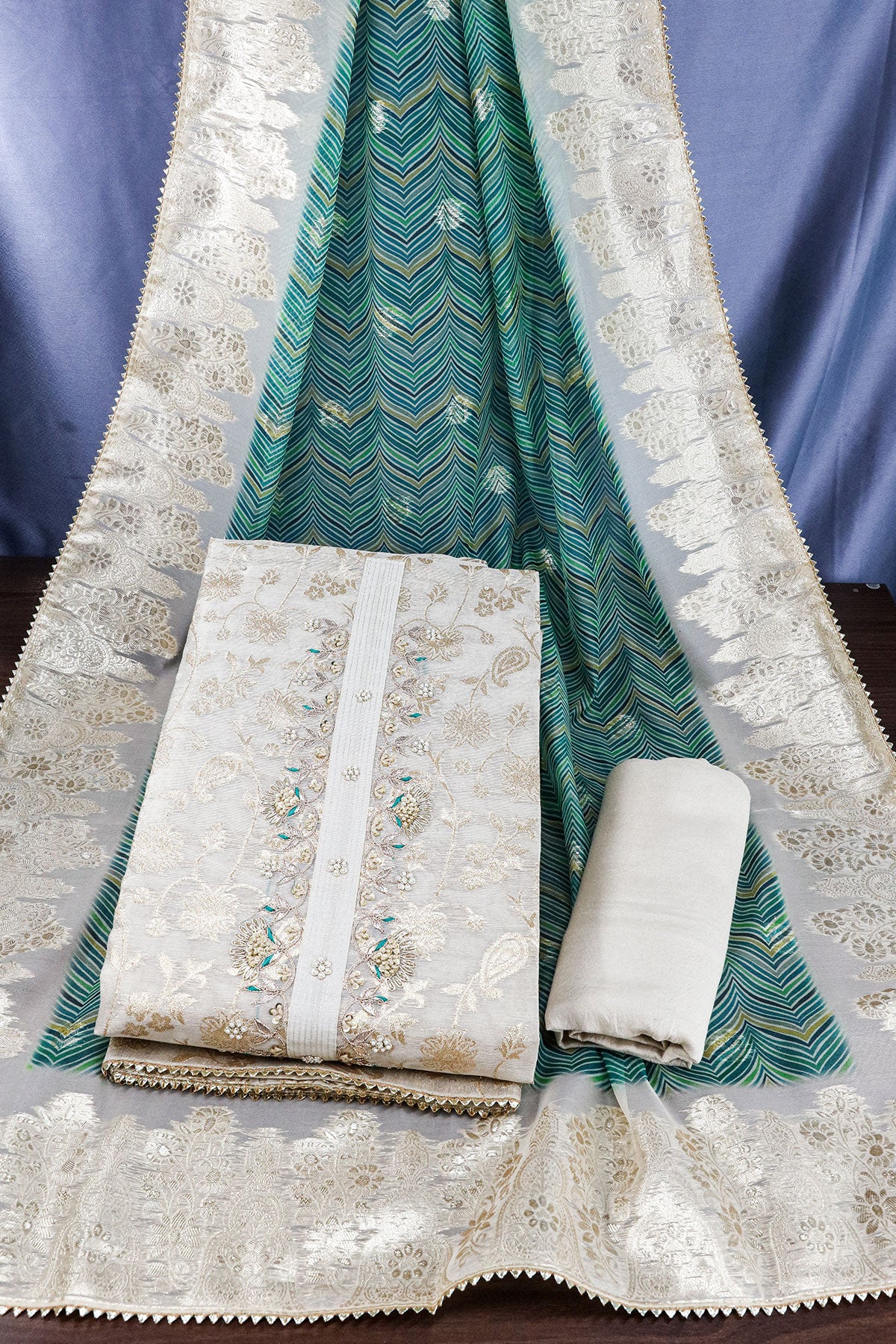 Cream Tissue Zari Embroidered Suit