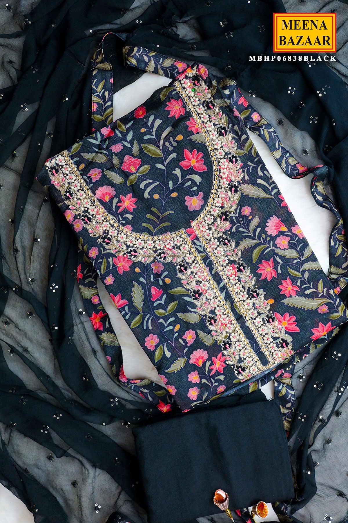 Black Crepe Printed With Zardozi Embroidery Suit Set