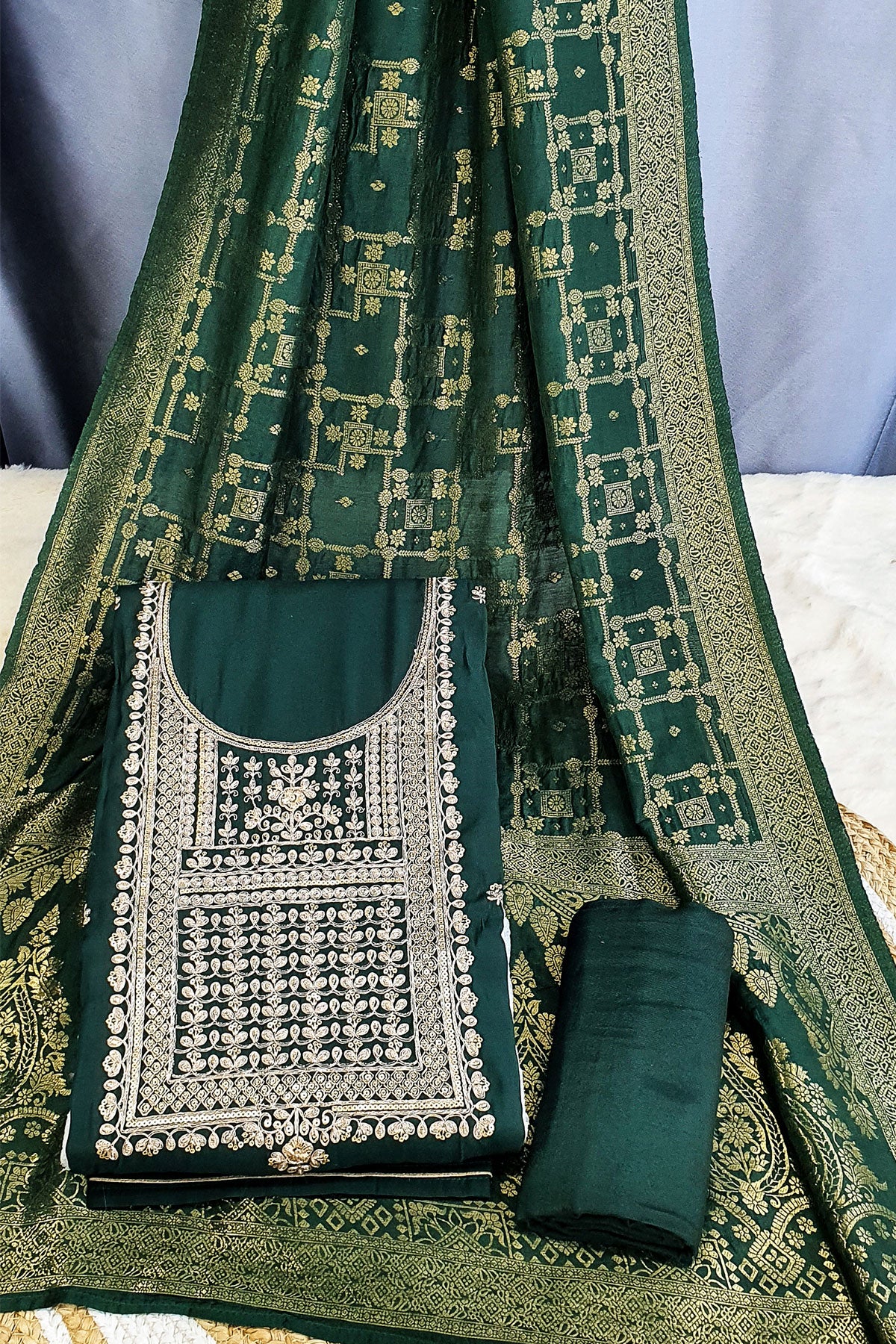 Bottle Green Modal Silk Zari and Sequins Embroidered Suit Set