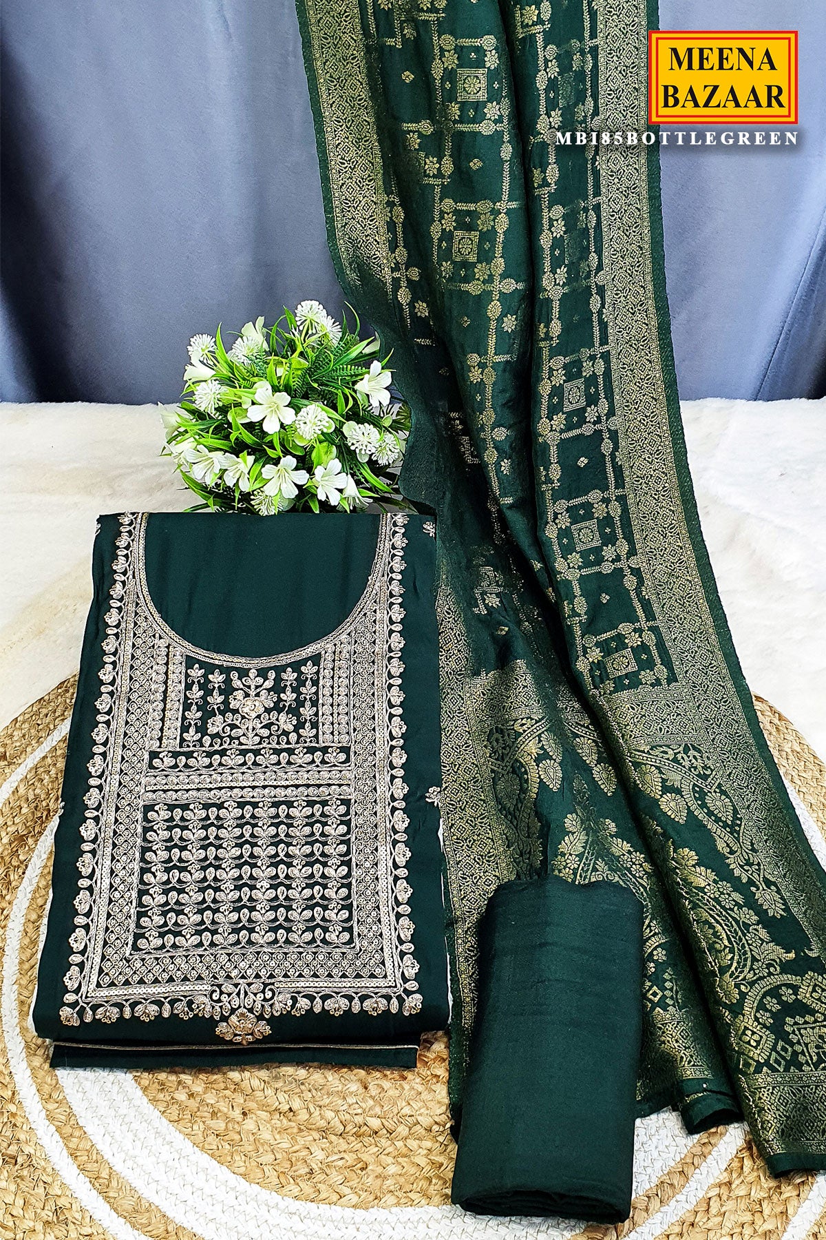 Bottle Green Modal Silk Zari and Sequins Embroidered Suit Set