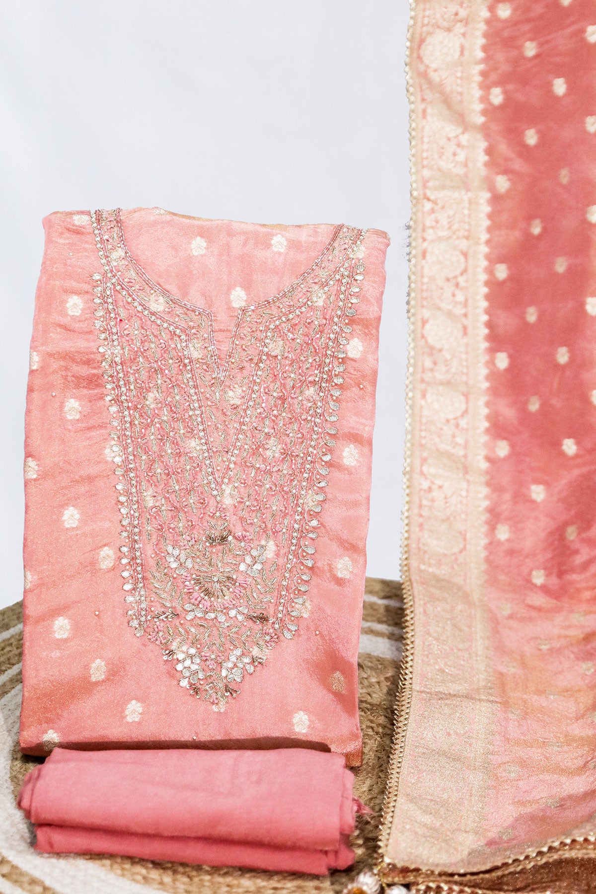 Peach Silk Embroidery Unstitched Suit