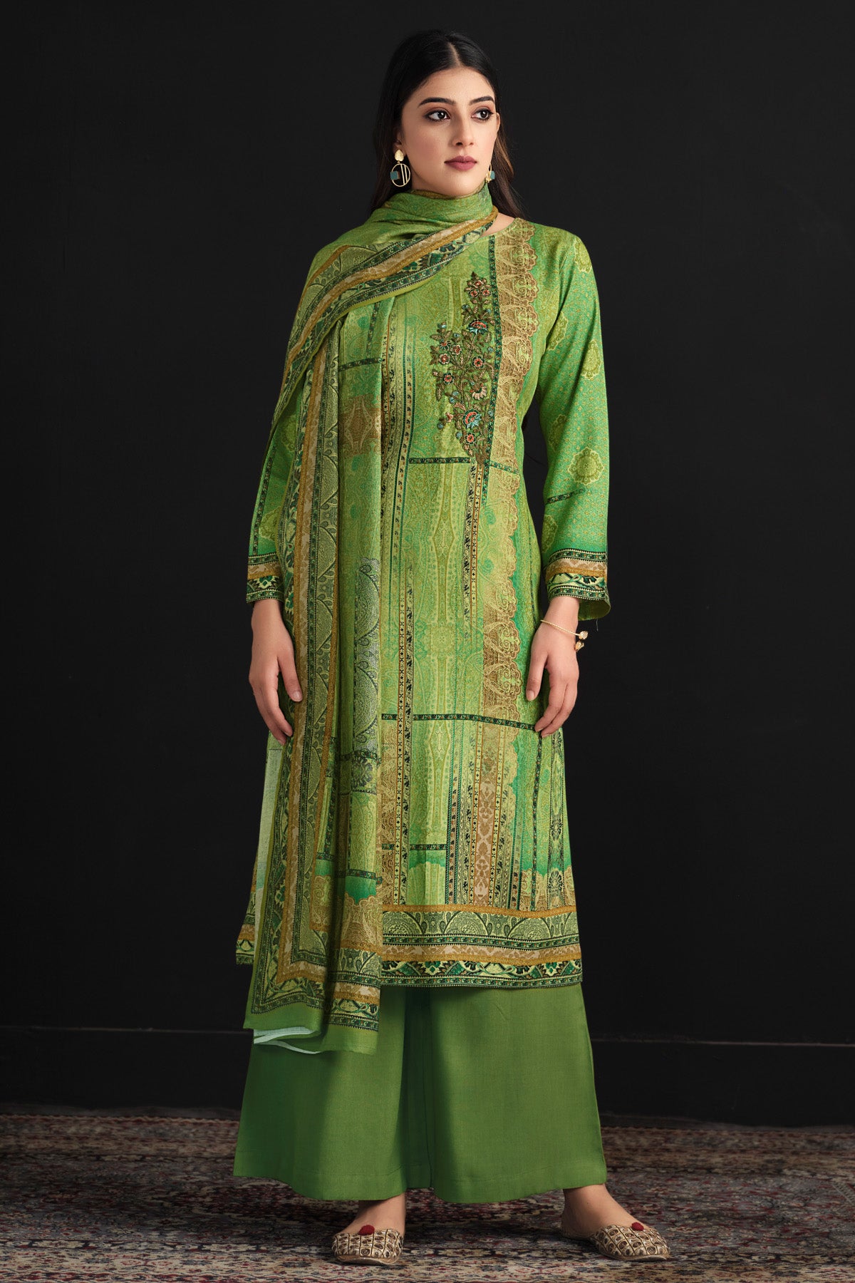 Green Pashmina Printed Suit Set