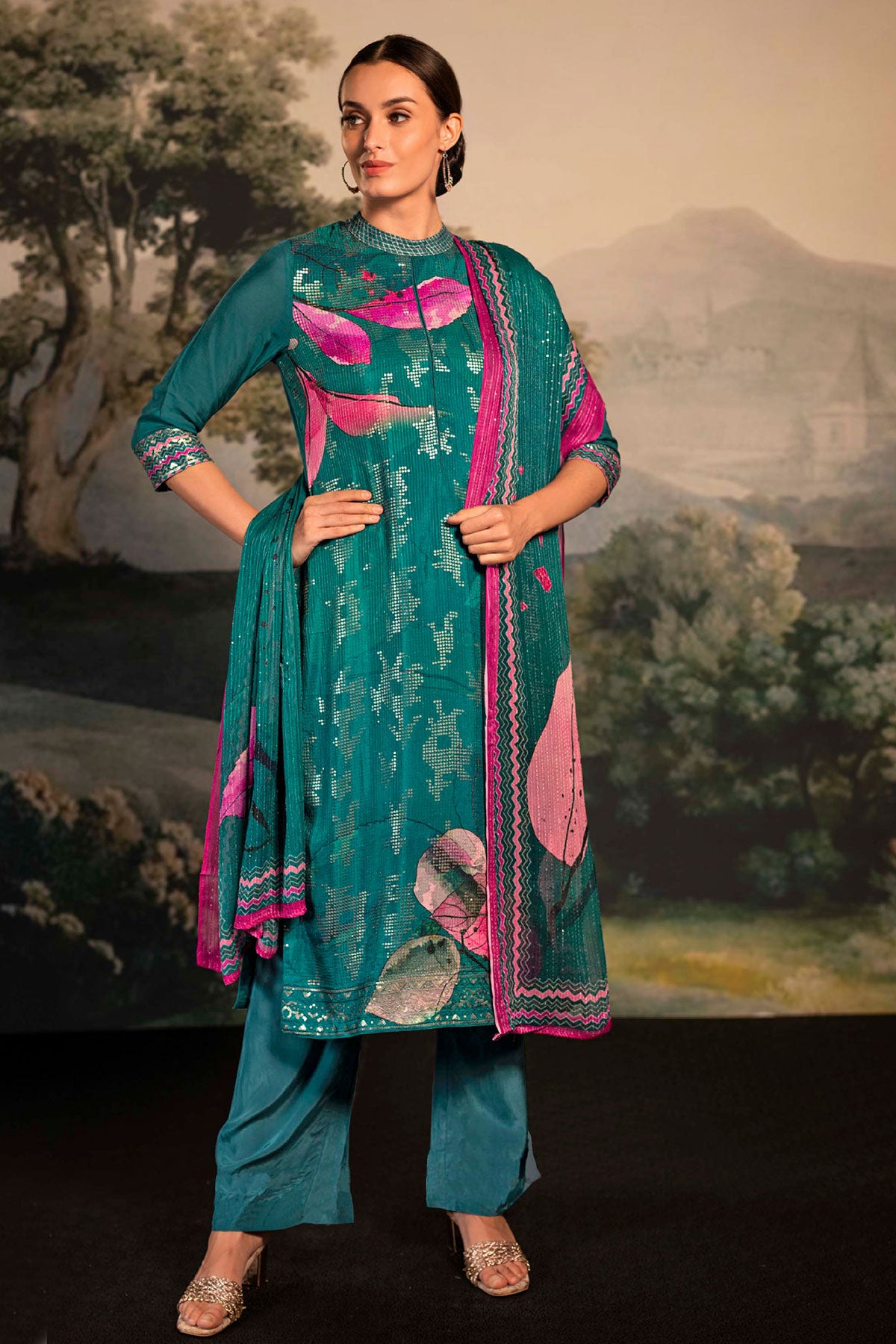 Rama Green Modal Silk Floral Print Sequins Jaal Embroidered Suit