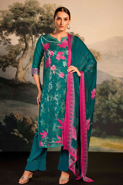 Rama Green Modal Silk Floral Print Sequins Jaal Embroidered Suit