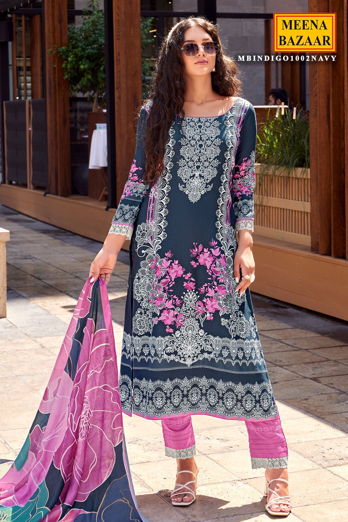 Navy & Pink Floral Printed Pashmina Untsitched Suit