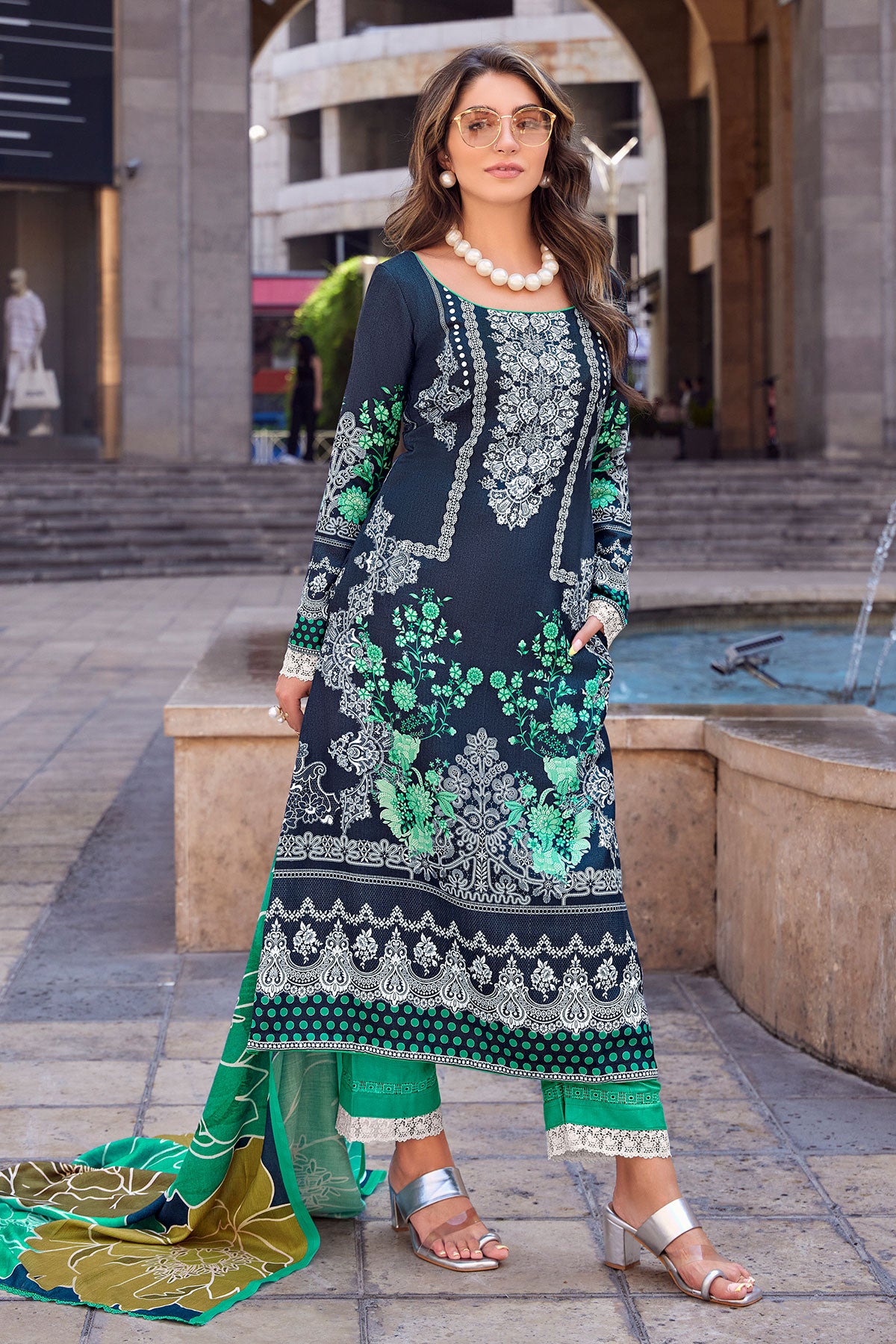 Navy & Green Floral Printed Pashmina Untsitched Suit