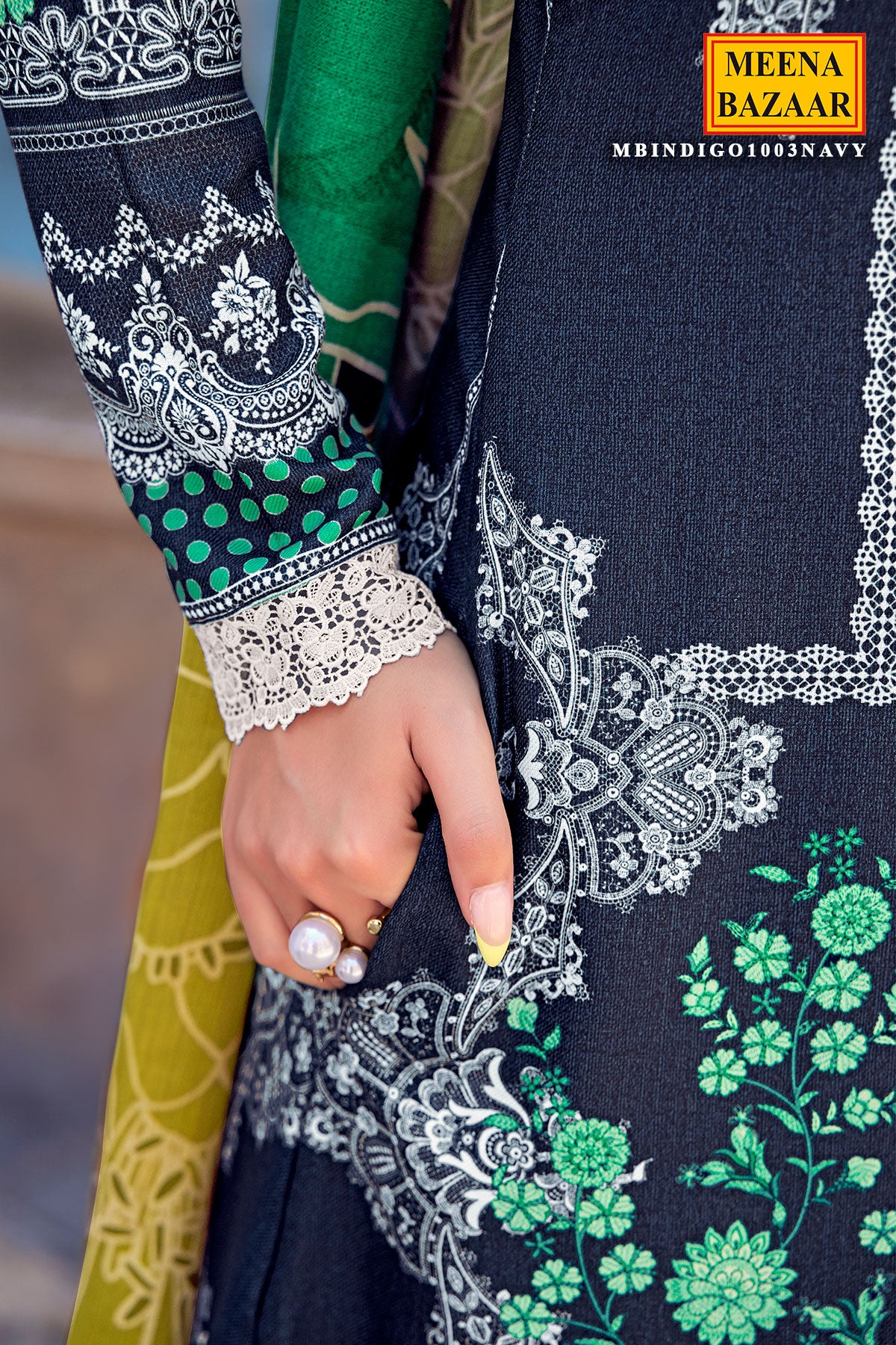 Navy & Green Floral Printed Pashmina Untsitched Suit