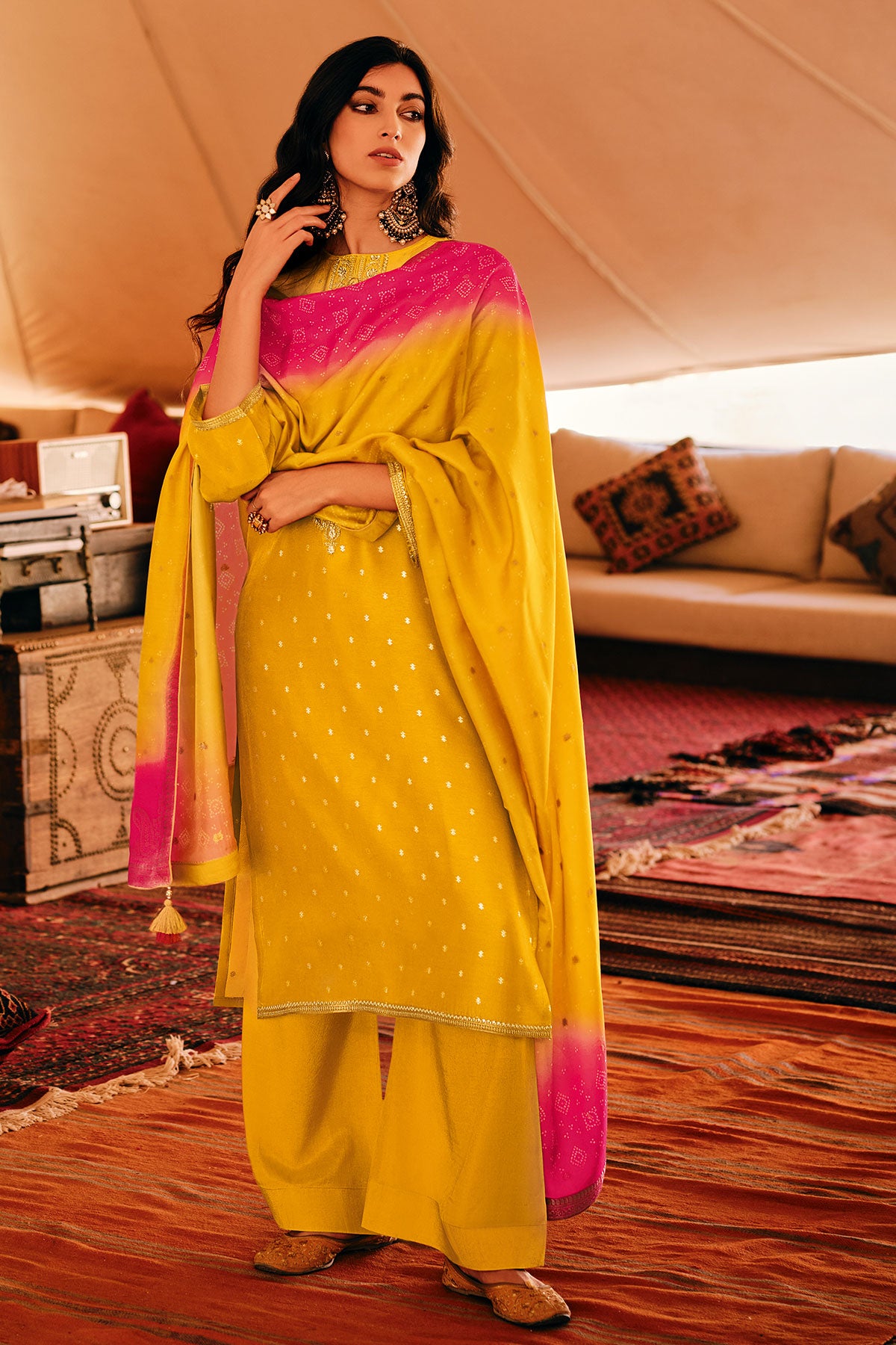 Mustard Russian Silk With Woven Embroidered Suit Set