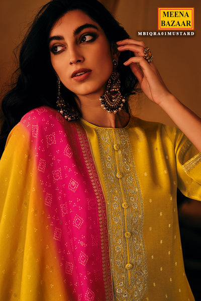 Mustard Russian Silk With Woven Embroidered Suit Set