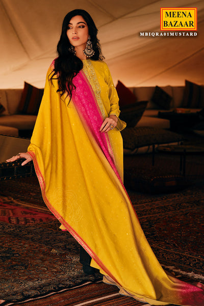 Mustard Russian Silk With Woven Embroidered Suit Set