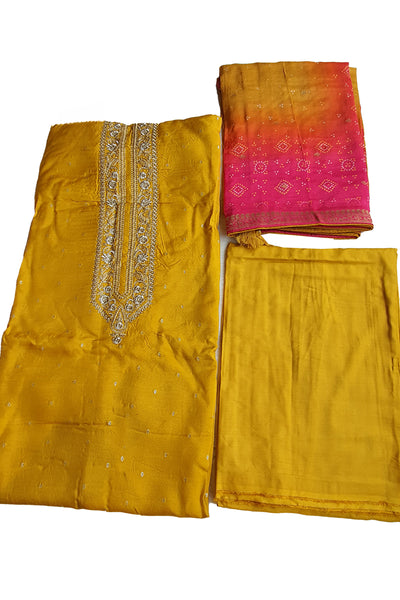 Mustard Russian Silk With Woven Embroidered Suit Set