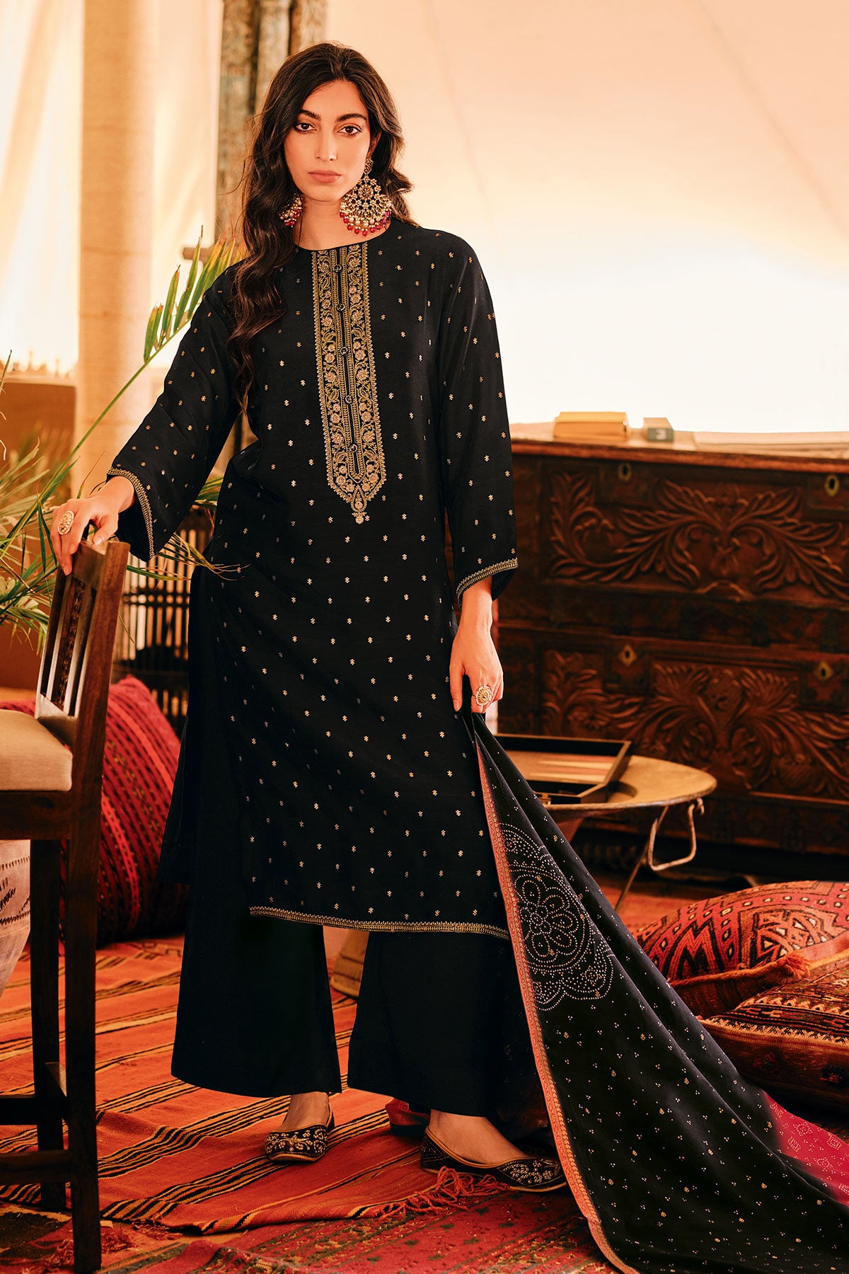 Black Russian Silk With Woven Embroidered Suit Set