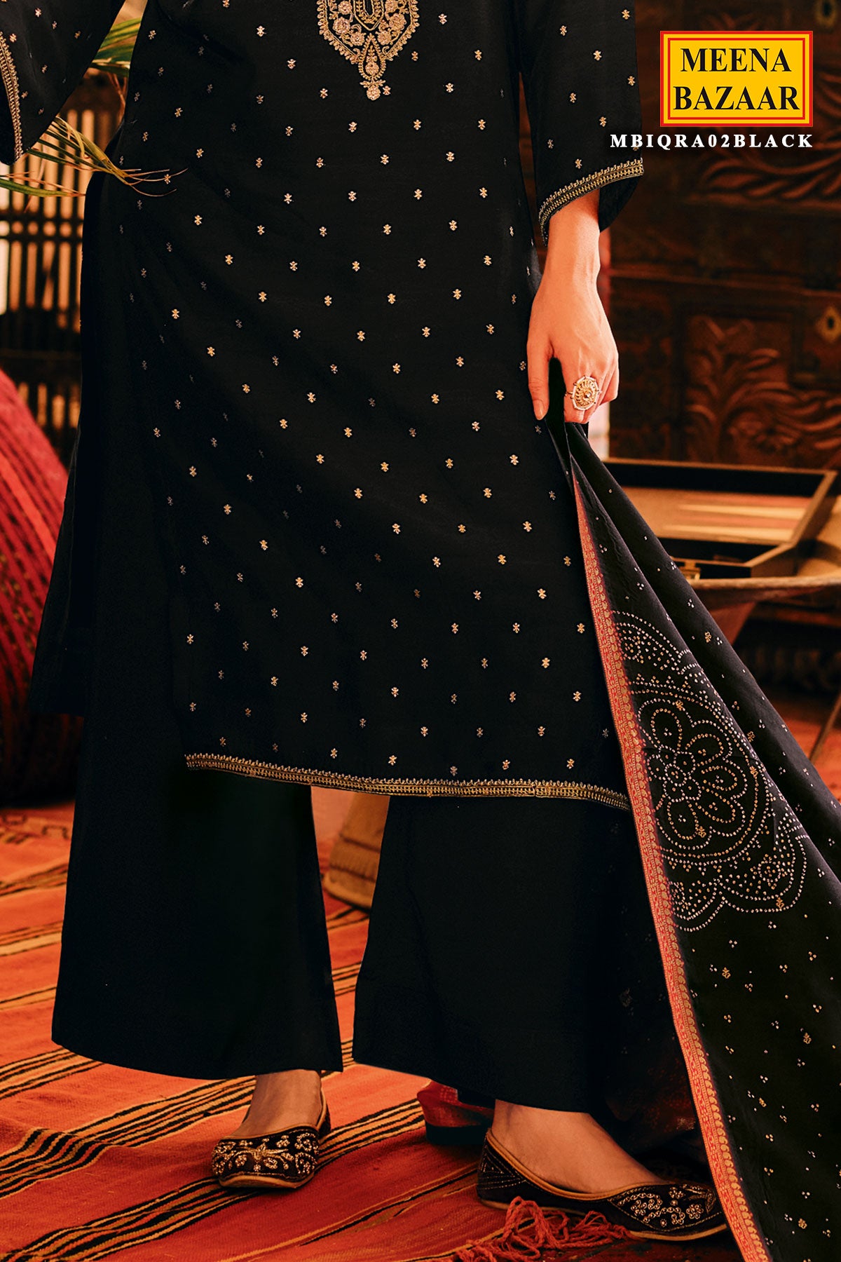 Black Russian Silk With Woven Embroidered Suit Set