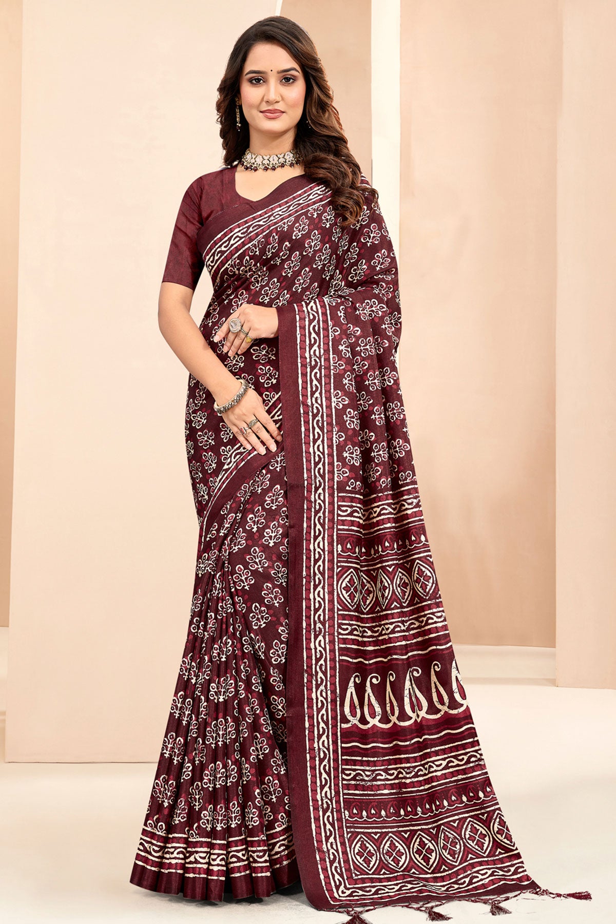 Maroon Tussar Silk saree